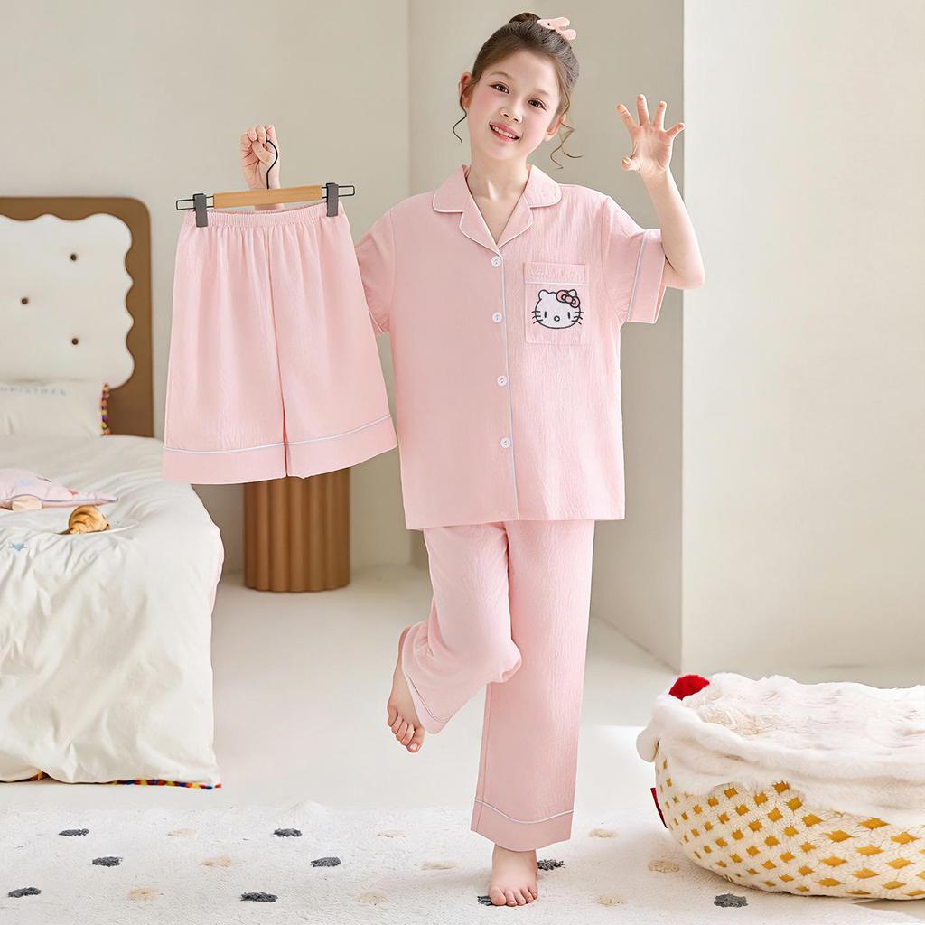 Girls' Lightweight Summer Pajamas: 2026 Ice Silk Three-Piece Set for Medium & Large Children