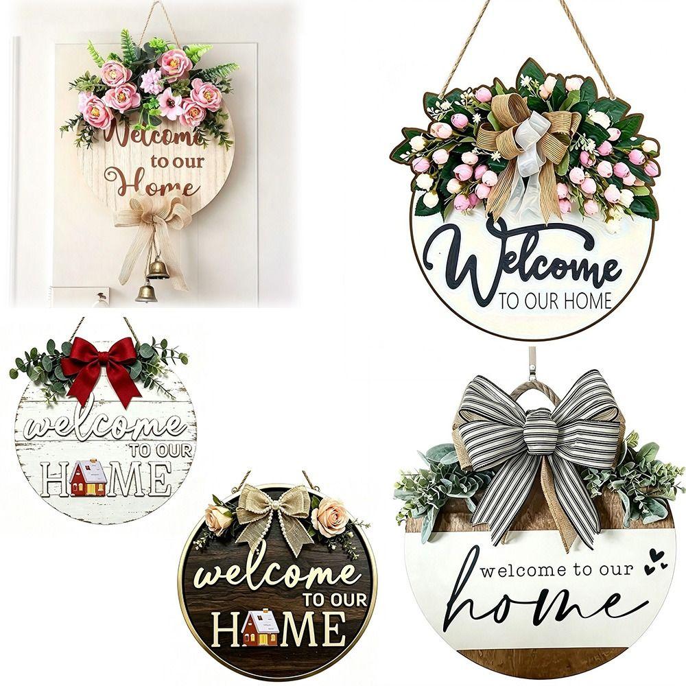Durable 2D Flat Wooden Door Sign Solid Wood Bow Pattern Door Wreath Floral Pattern Hanging Plaque Holiday Decorating
