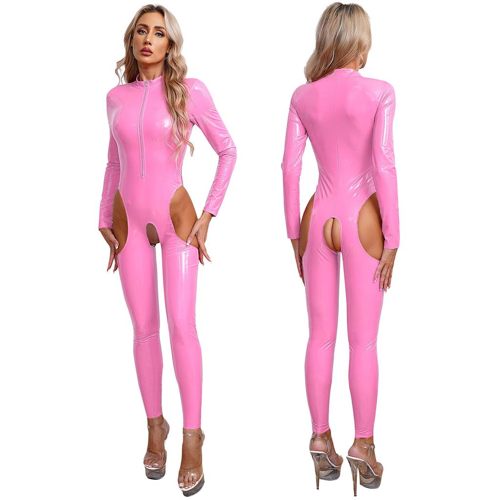 Kvinners ett stykke langermet skrittløs jumpsuit Wet Look Patent Leather Glidelås Bodysuit Catsuit