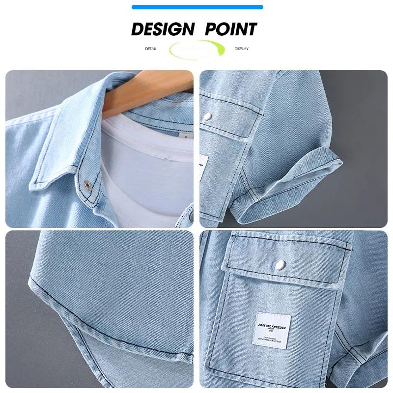Korean Style Summer Denim Short Sleeve Shirt Men Turn-down Collar Double Pockets Washed Light Blue Jean Shirt Youth Streetwear Casual Tops