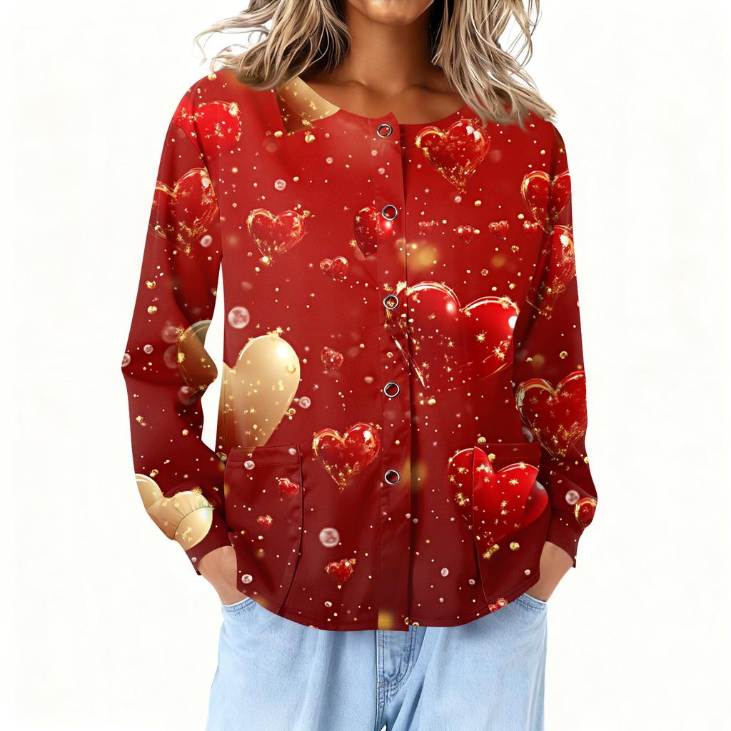 Women Long Sleeve Printed Pocket Working Stand Collar Single-breasted Protective Overalls Cardigan Jacket Top