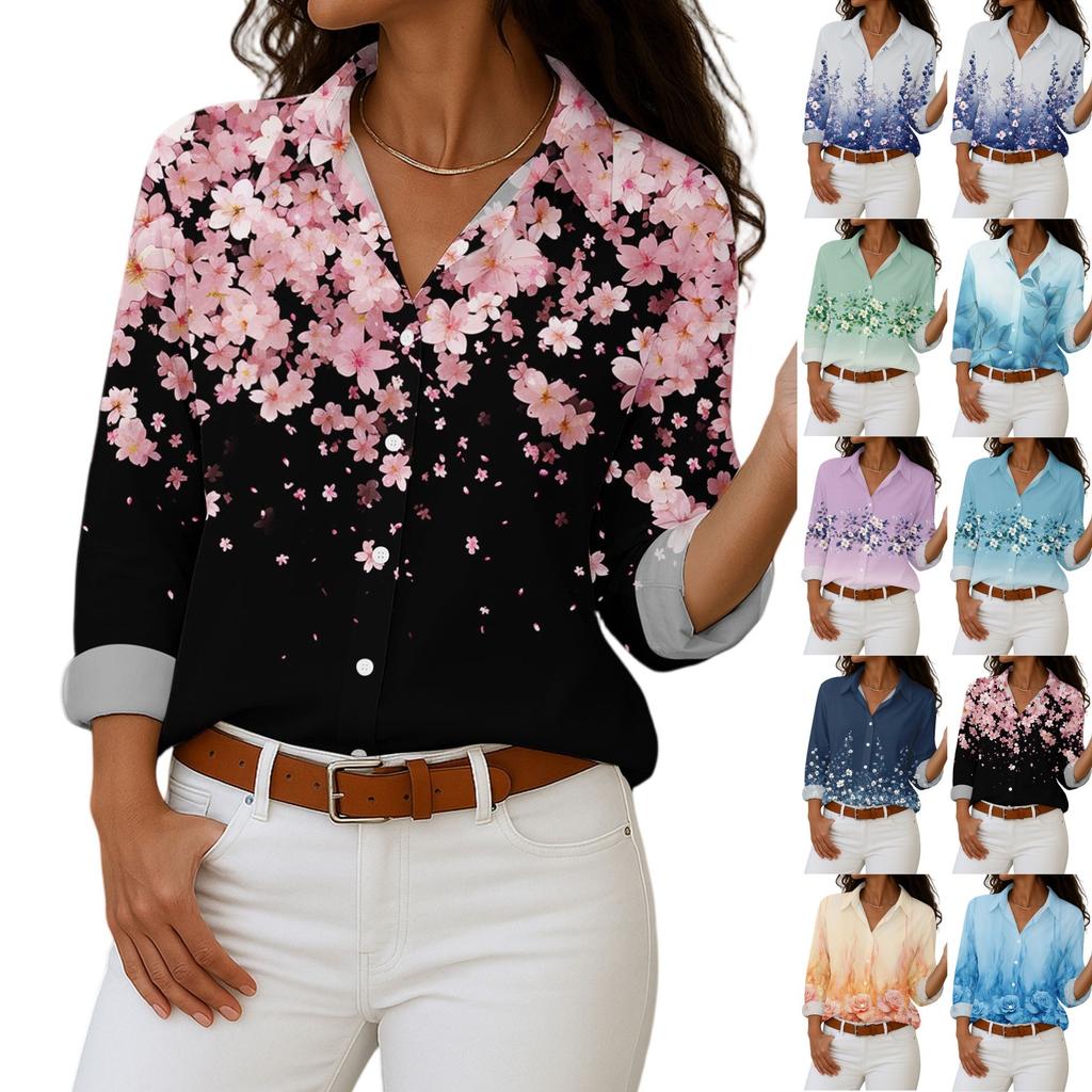 Women's Shirt With Floral Print Buttons, Long Sleeved Casual Regular Shirt Blouses Casual Plus Size Basic Tops