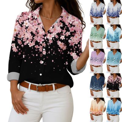 Women's Shirt With Floral Print Buttons, Long Sleeved Casual Regular Shirt Blouses Casual Plus Size Basic Tops