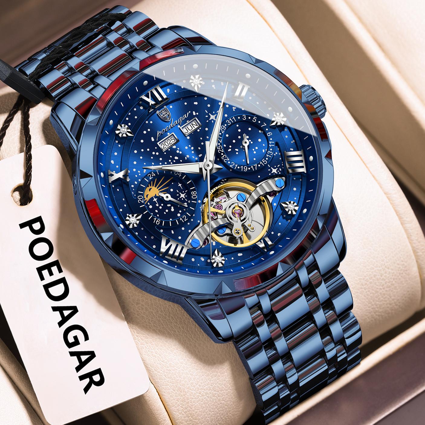 

POEDAGAR Luxury Men Wristwatch Fashion Date Hollow Tourbillon Clock Automatic Mechanical Stainless Steel Watches Reloj синий