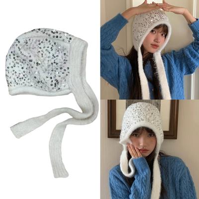 Sequins Earflap Hat White Elegant Hat Soft Headwear Portable Unisex Winter Hat for Fashionable Warmth In White