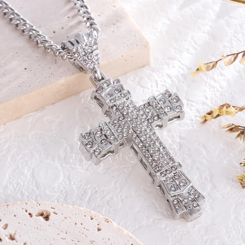 Unique Hip Hop Inlaid Rhinestone Exaggerated Retro Cross Pendant Men Necklace Jewelry Accessries