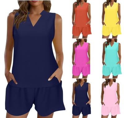 Modisches, lässiges, einfarbiges, ärmelloses Shorts-Set mit Stehkragen für Damen