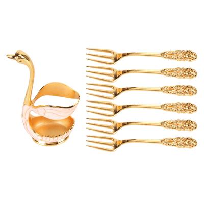 6Pcs Coffee Dessert Fork Set Metal Swan Base Holder Dessert Fork Organizer with 6pcs Forks for