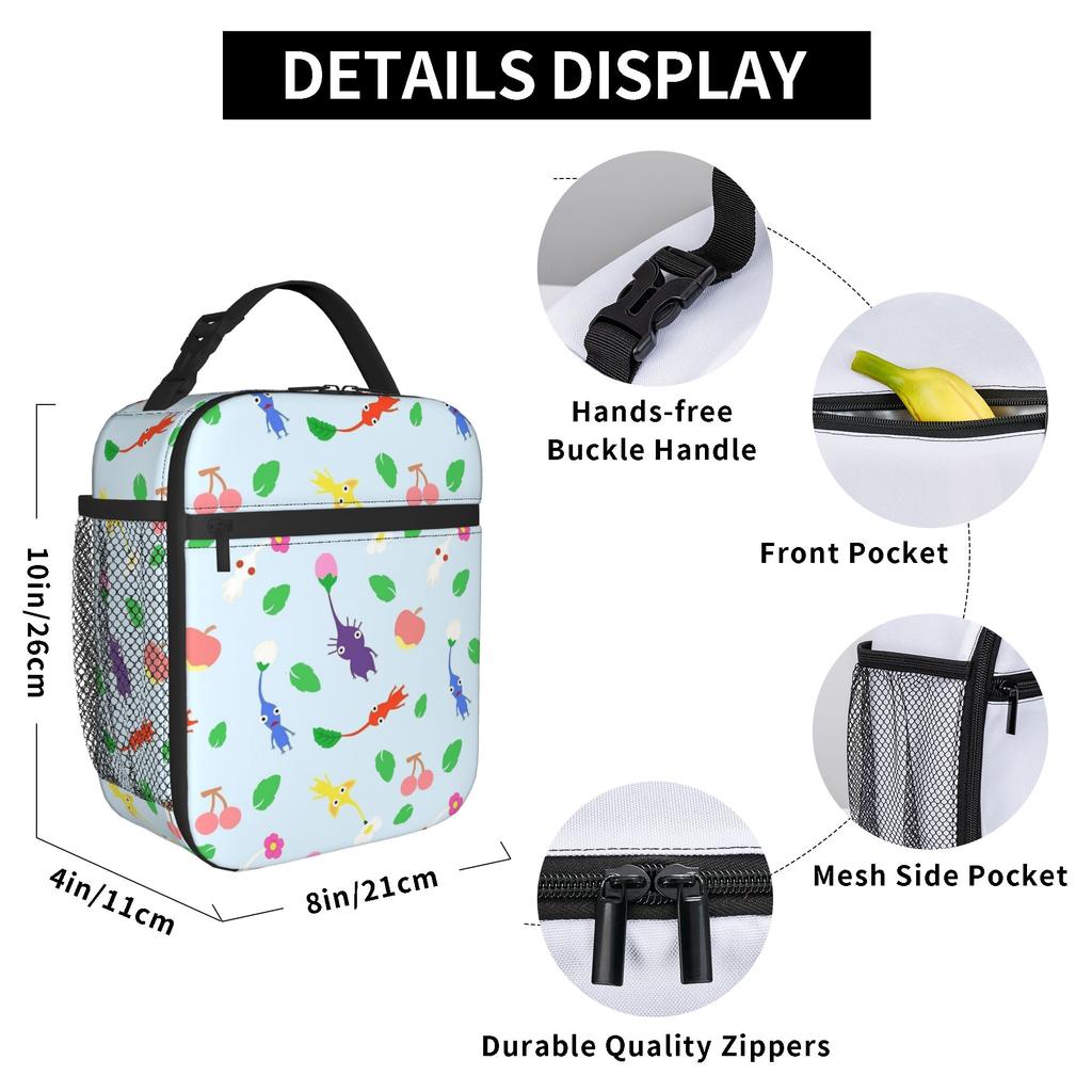 Cute Pikmins Pattern Insulated Lunch Bag High Capacity Reusable Cooler Bag Tote Lunch Box College Travel Bento Pouch