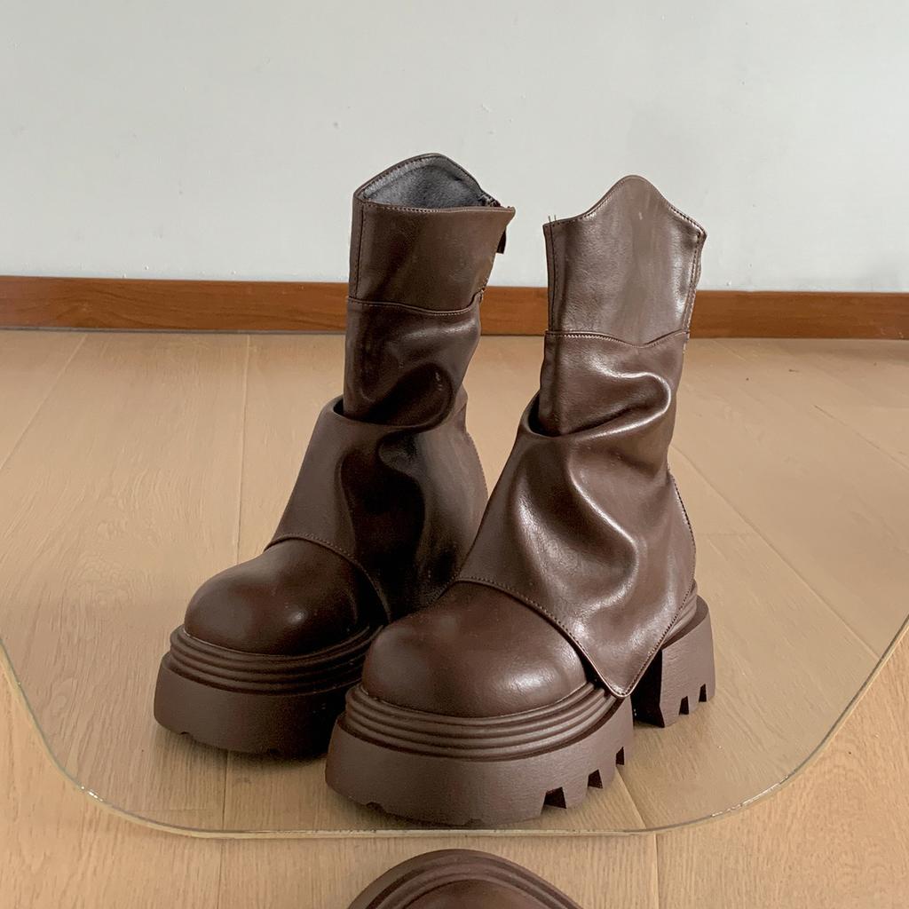 Vintage Maillard braune dicksohlige Stiefel mit dickem Absatz Damen 2025 neue Sommer höhenverlängernde und dünne kurze Stiefel