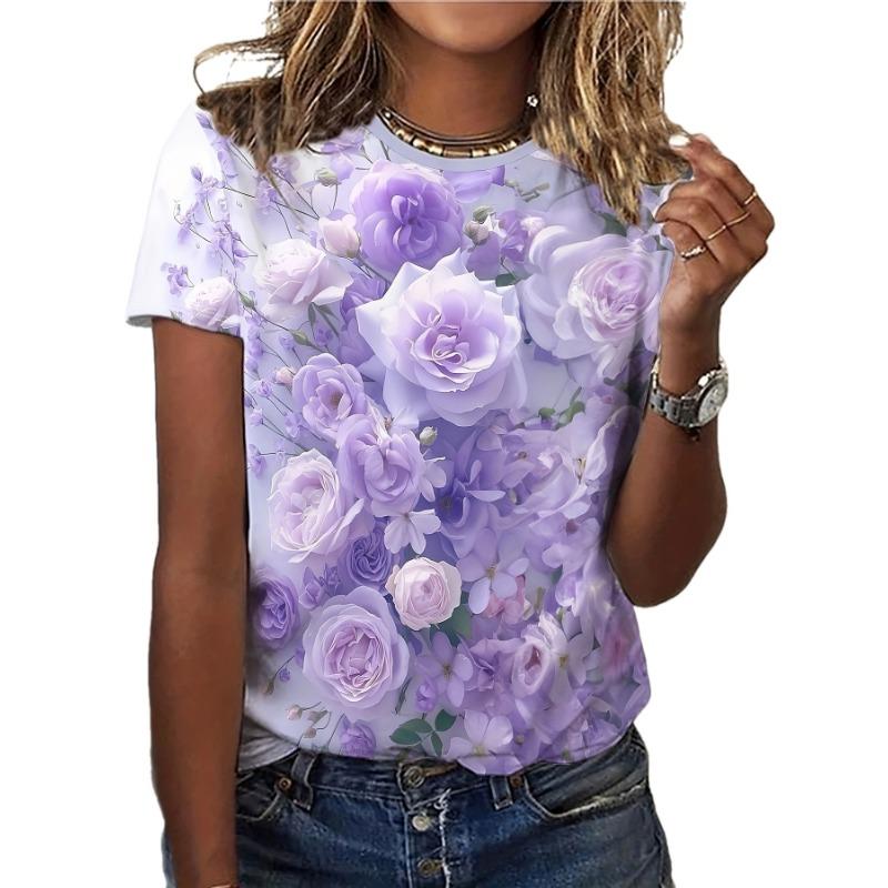 Women's Summer Casual Round Neck Short Sleeve Floral Pattern Top Wear Ladies T-shirt Mother's Day Gift