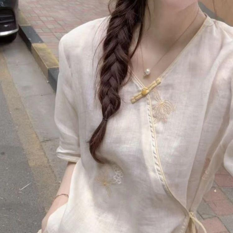 

Summer 2025 Summer V-Neck Belly Cover Temperament Short Sleeve Top Versatile Large Size Shirt M [Recommended below 50kg]