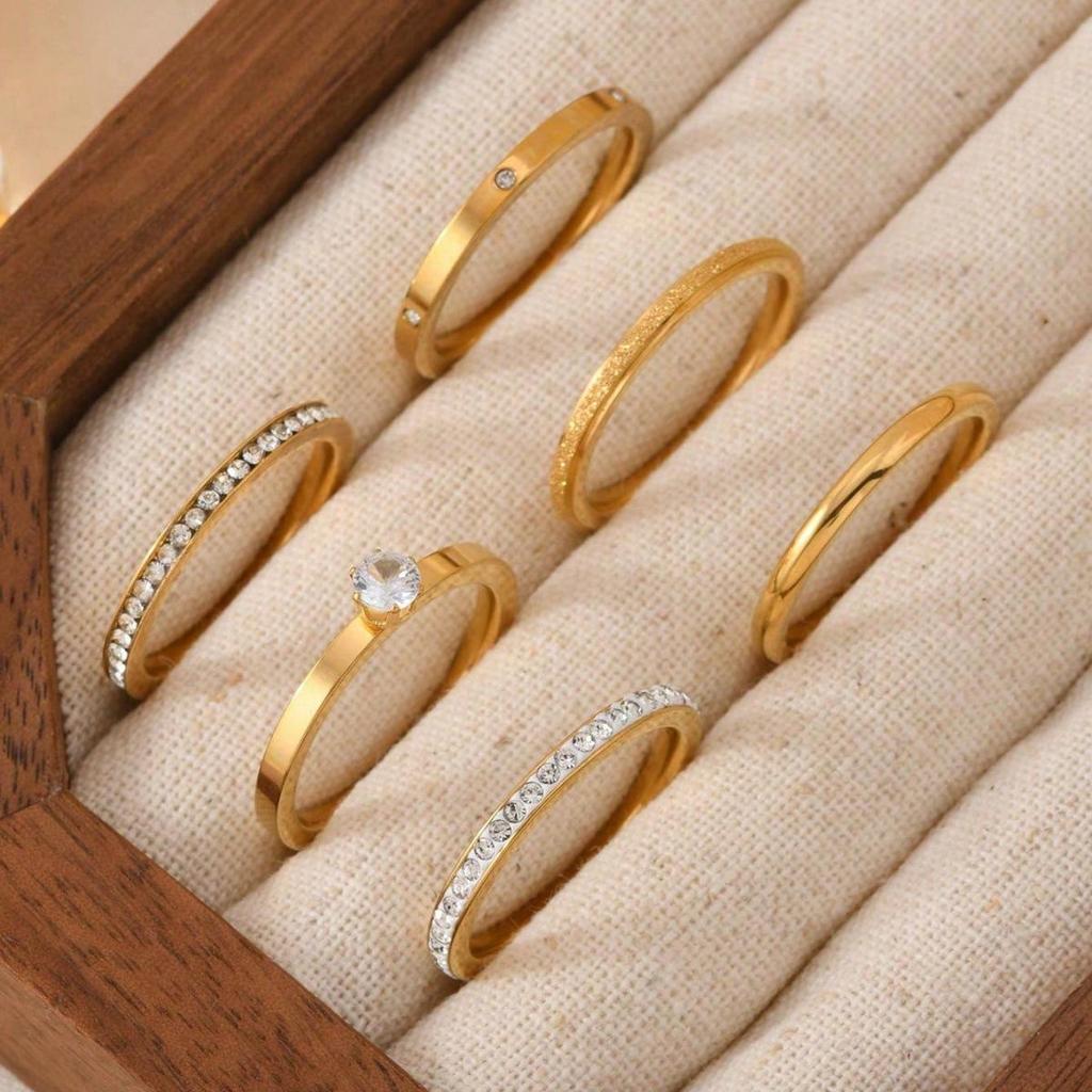 6/8-Piece Minimalist Rhinestone Stainless Steel Ring Set for Daily & Holiday Wear Unisex
