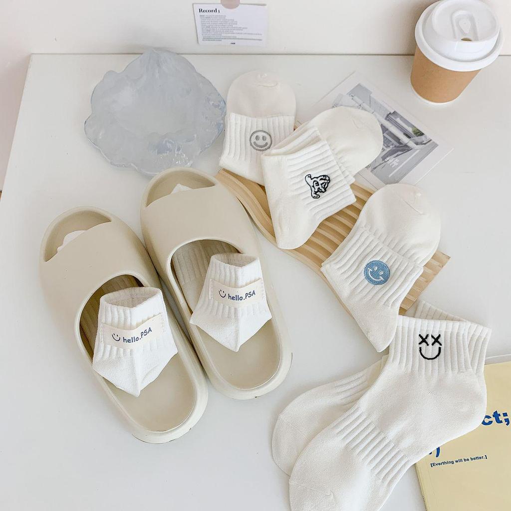 Women’s Spring/Summer Ankle Socks - Cute Smiley Face Embroidery, Japanese Style, Unisex Pure Cotton Sport Socks