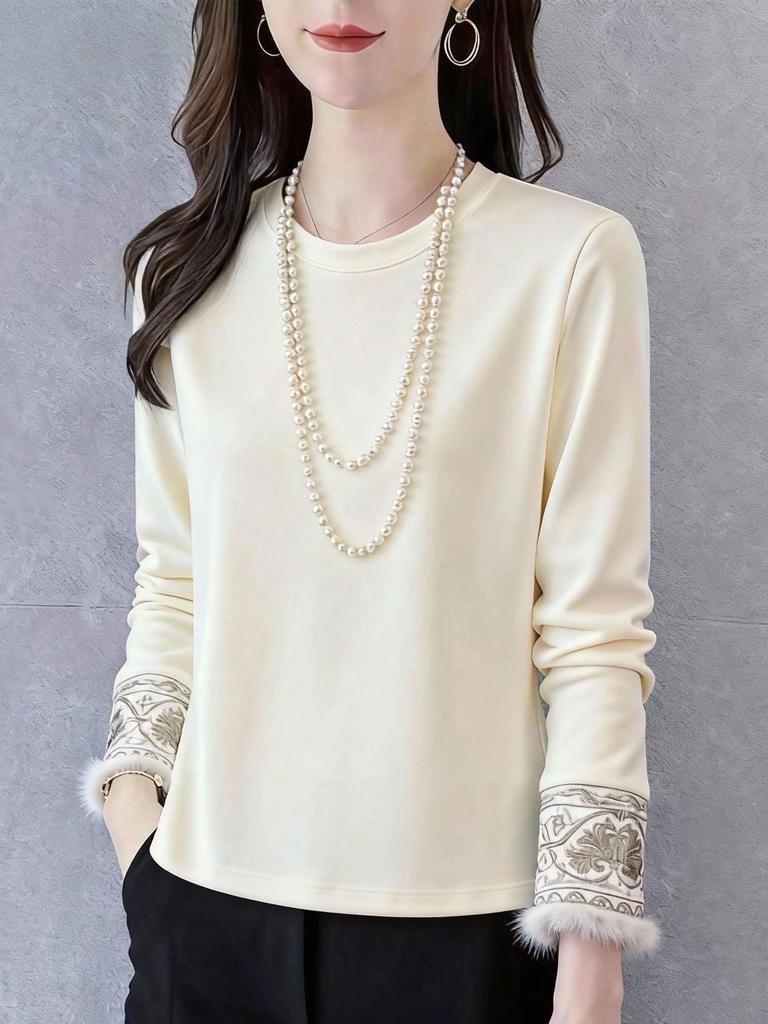 Women's Heavy Embroidery Thermal Long-Sleeve Top, Plus Size Warm Base Layer Shirt, New Autumn/Winter Chinese-Style