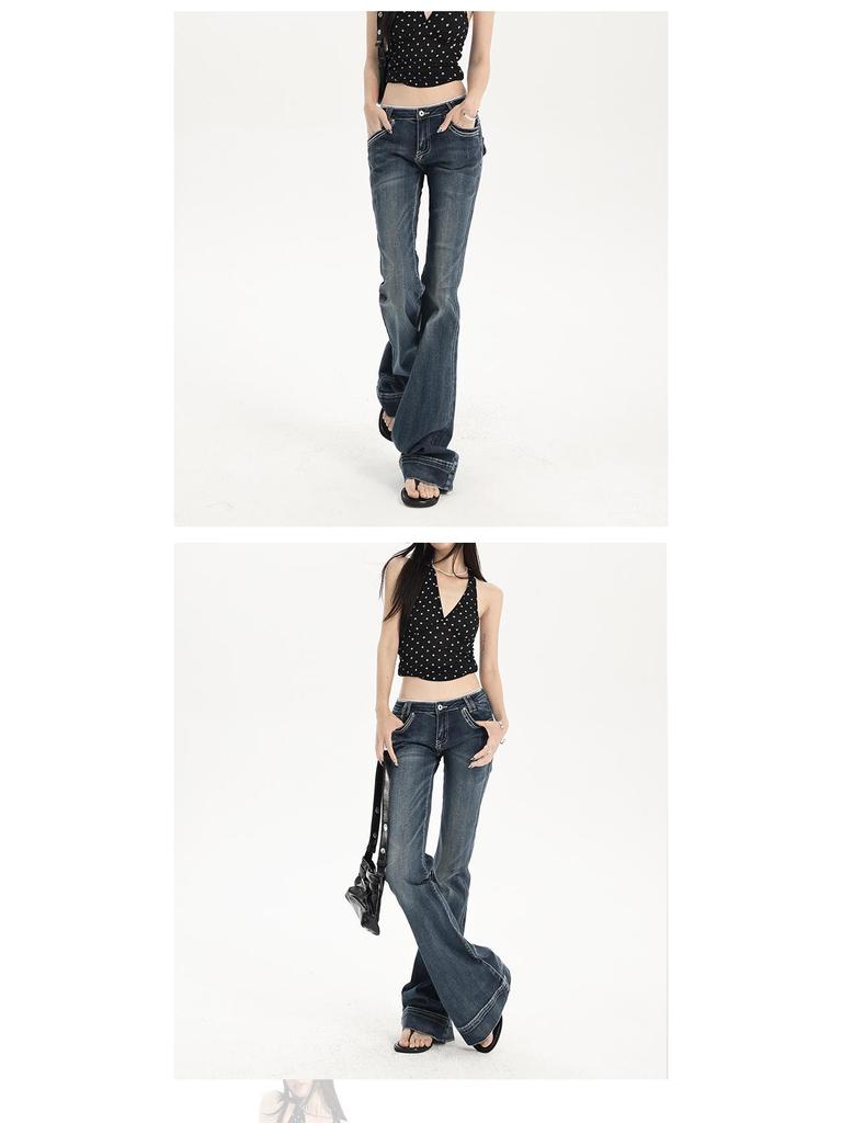 Women's Low-Waist Ripped Micro-Flare Jeans - Slimming Fit, Floor-Length, Autumn Style
