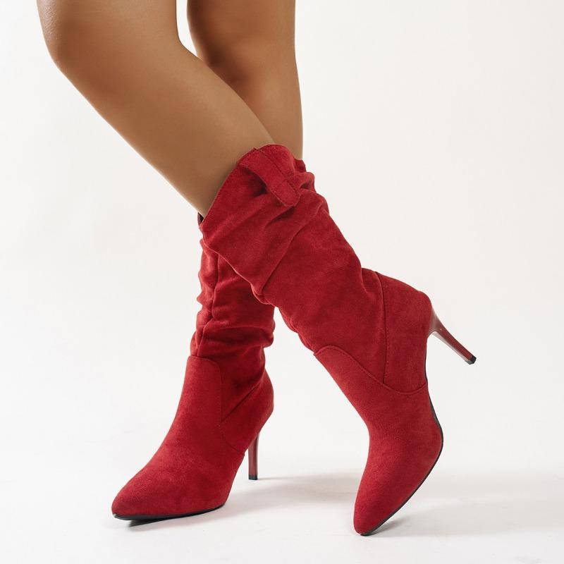 Fashion New Women Pointed Toe Thin High Heels Ankle Boots  Autumn Fashion Pleated Cowboy Women Faux Suede Woman Slip on Western Boots