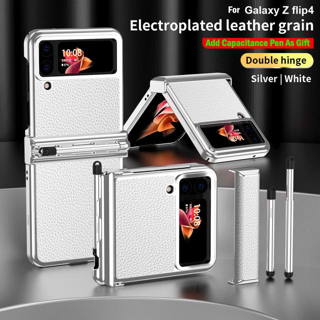 For Samsung Z Flip 4 etui Dobbelt hengsel med pennspor plating lærdeksel for Galaxy Z Flip 4 hengslet etui + kapasitans berøringspenn