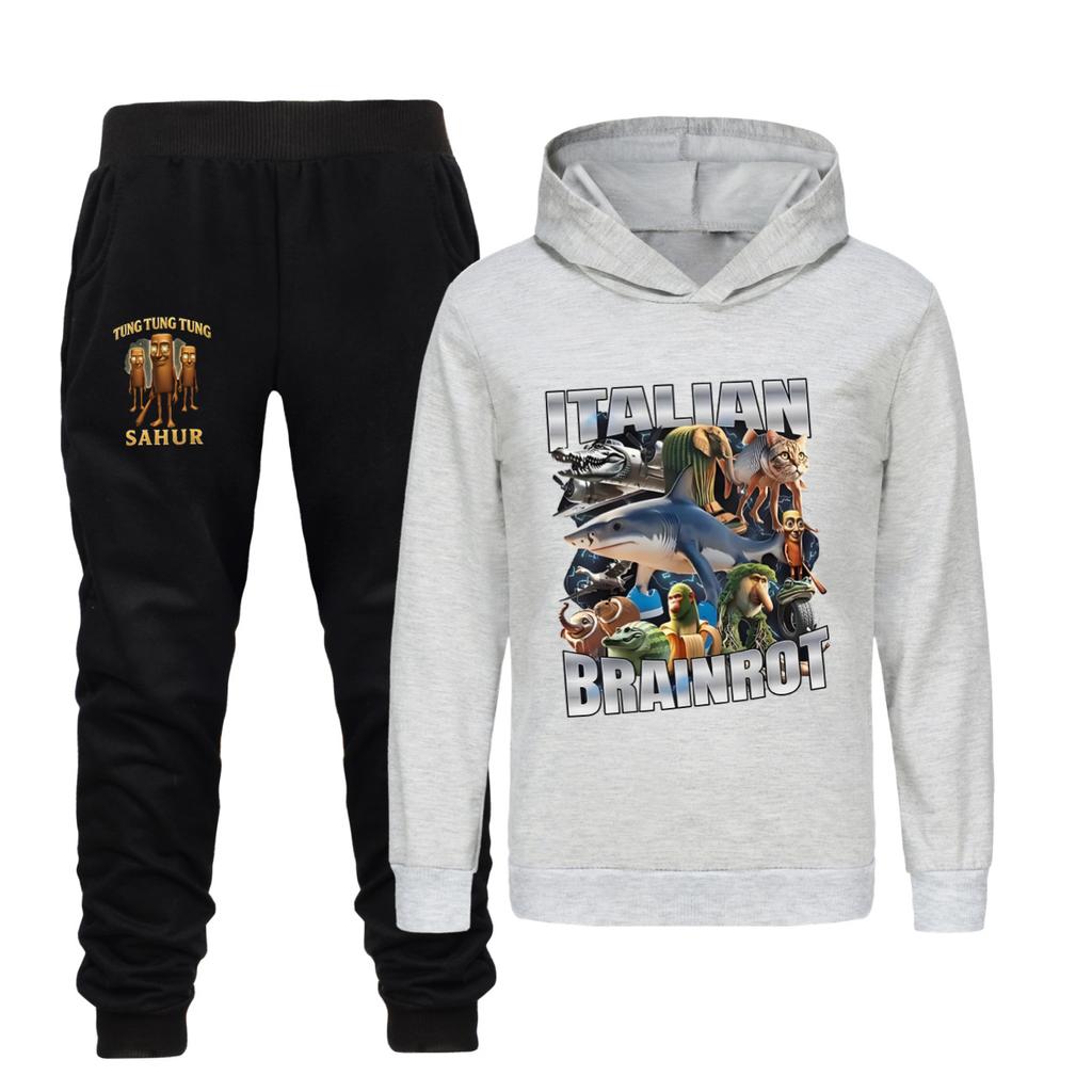 Tralalero Tralala Tung Tung Tung Funny Italian Brainrot Kids Boys Hoodie+Pants 2pcs Set Girls Tracksuit Children Outfits