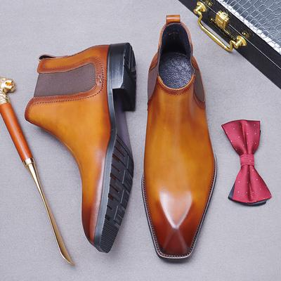 Zarif Erkek İş Resmi Chelsea Botları Matkap Ucu Esnek Hakiki Deri Erkek Trend Kısa Botlar Günlük İngiliz Slip-On Botlar