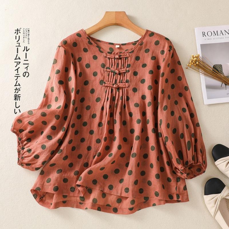 Women S Polka Dot Cotton Linen Blouse Bubble Sleeve Round Neck Elegant Top M красный