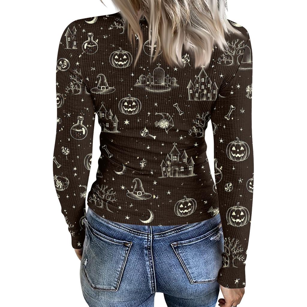 Women Halloween Print Long Sleeve Slim Fit Crew Neck Base Layer T Shirt Casual Stretchy Top for Everyday Wear