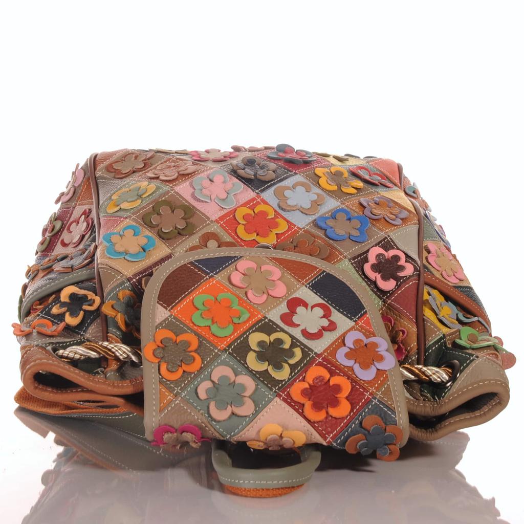 Damski skórzany plecak – Patchworkowy kwiatowy design ze sznurkiem