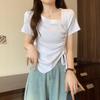 Plus Size Slimming Short Sleeve Irregular Drawstring Top for Women - Summer Wear