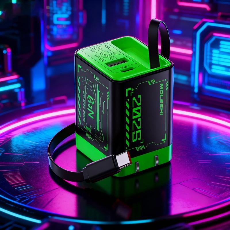 Portable Fast Speed 67W Charging Adapter With Retractable Cord Cable Double USB A+C Port For Phone Tablet Laptop Devices