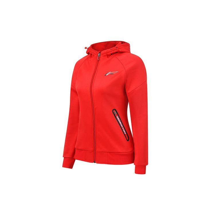 Li Ning Badminton Series Solid Color Printed Logo Zipper Hoodie Fleece Long Sleeve Sweatshirt Women Sweatshirt Crimson-Red AWDSA04-3