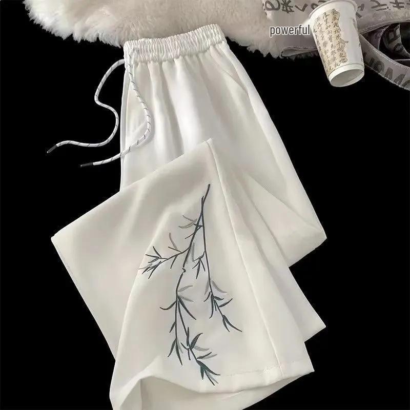 

Trendy Summer Bamboo Embroidered Wide-Leg Trousers Small белый