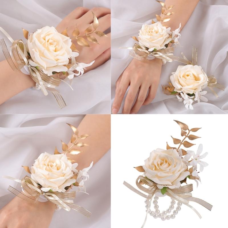 Luxurious Artificial Flower Bride Wrist Flower Chest Corsage With Golden Foliage Design Wedding Party Wrist Jewelry