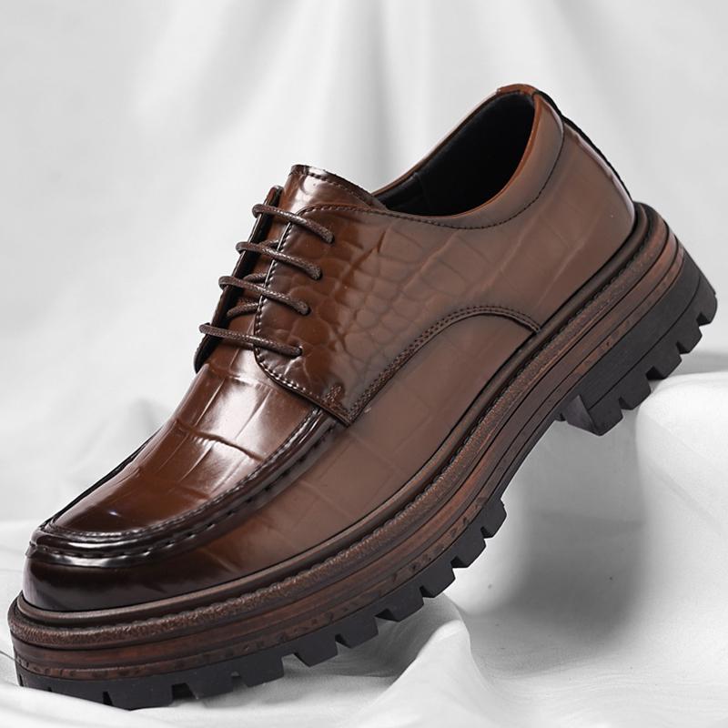 British Leather Men Business Dress Shoes Fashion Casual Bog Head Men's Derby Lace-up Shoes Designer Increase Platform Shoes Male