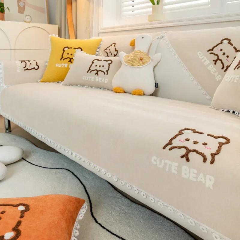 

Чехлы для диванов из синели, чехлы для диванов с мультяшной вышивкой, Нескользящие чехлы для гостиной, домашнего декора, универсальные чехлы для диванов, кружевные чехлы для диванов 70x70cm 1pcs