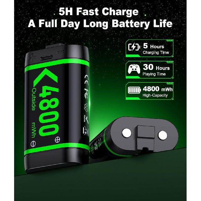 Upgraded Fast Charging Rechargeable Battery Packs with Light Control, 4 X 4800mWh Xbox Controller Batteries with Battery Charging Dock/Station for