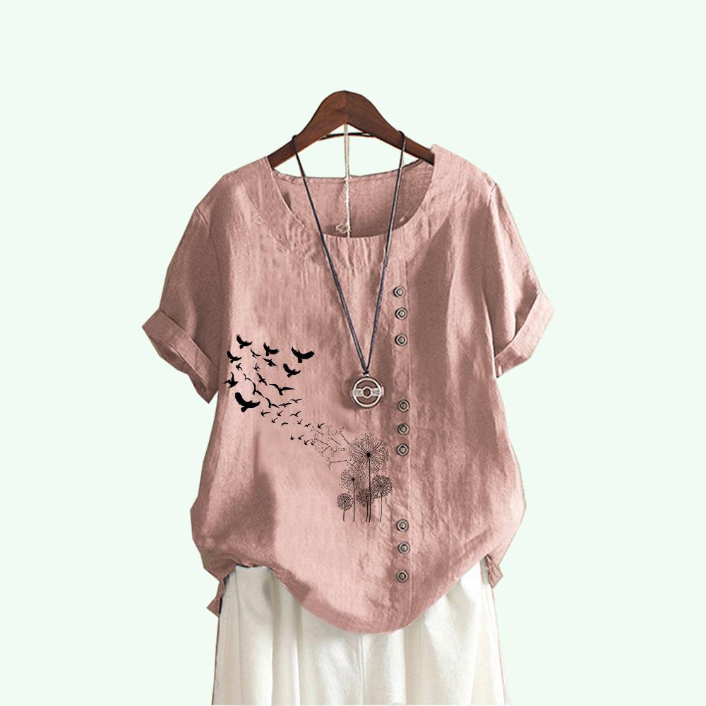 Damenmode Löwenzahn Print Kurzarm T-Shirt Sommer Casual Rundhals Pullover Lose Baumwolle Leinen Blusen