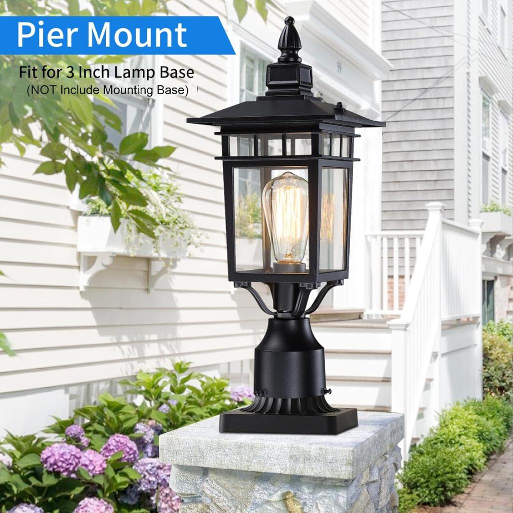 17.6' Outdoor Post Light, 2-Pack, Black Waterproof Column Lantern with Glass for Garden Path