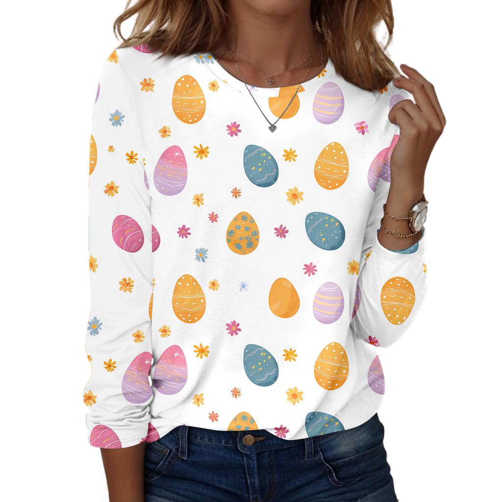 Women's daily casual long sleeved Easter printed round neck top