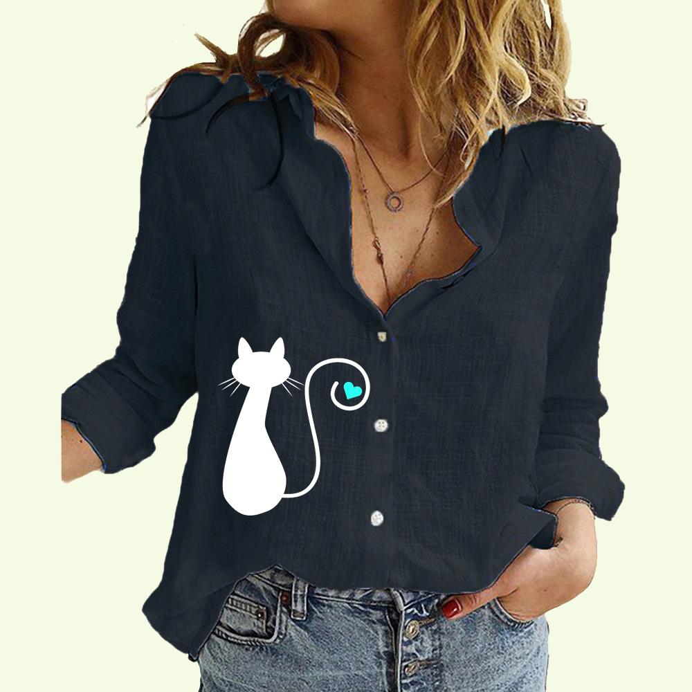 Women Lapel Neck Fashion Shirt Spring&Autumn Cotton Linen Top Ladies Casual Summer Print Blouse