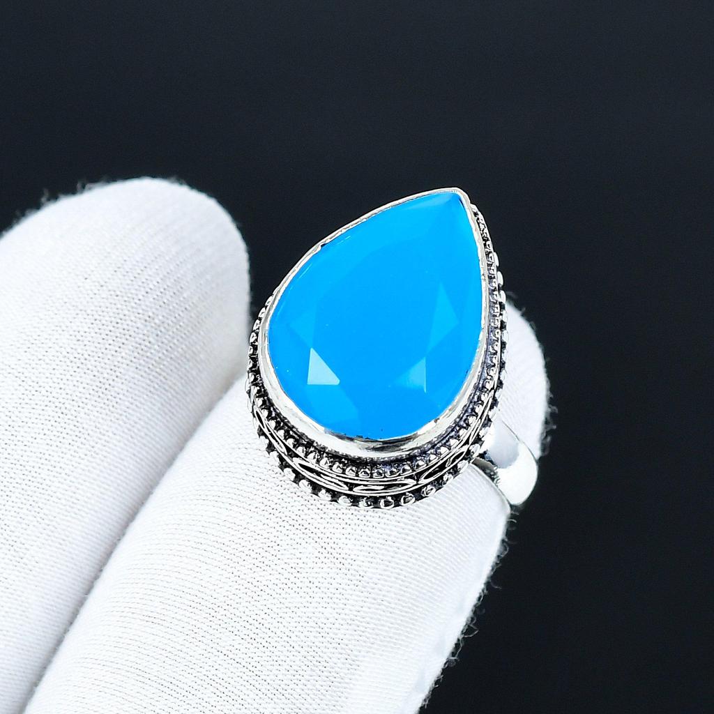 Blue Chalcedony Gemstone Ring, 925 Sterling Silver Jewelry, Handmade Ring, Blue Chalcedony Statement Silver Ring, Birthday Gifts For Her