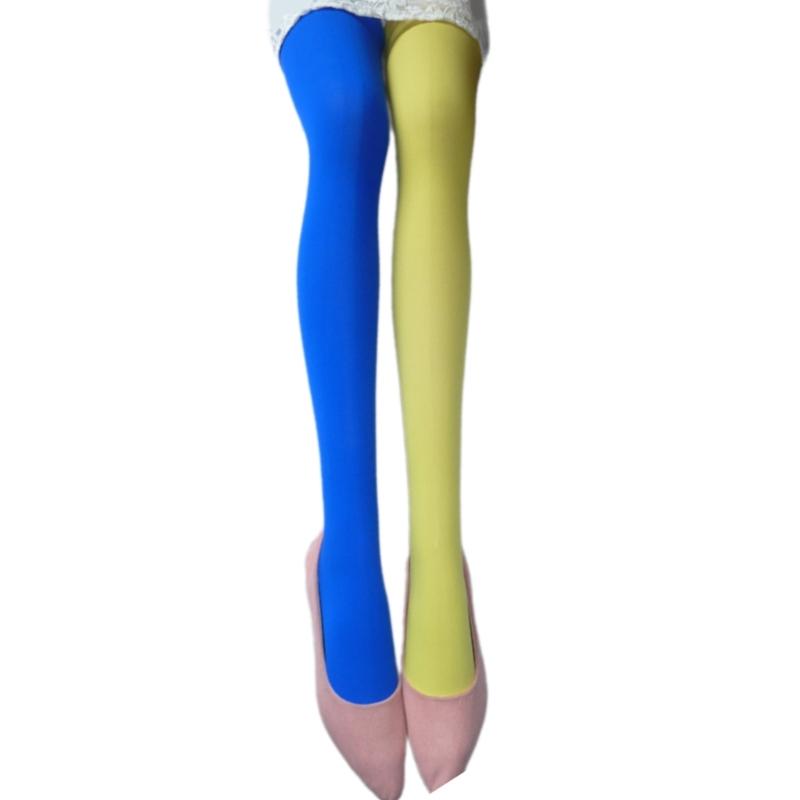 Two Tone Candy Colored Contrast Tights Stockings Open Crotch Designs Asymmetrical Multicolor Pantyhose Hosiery for Women