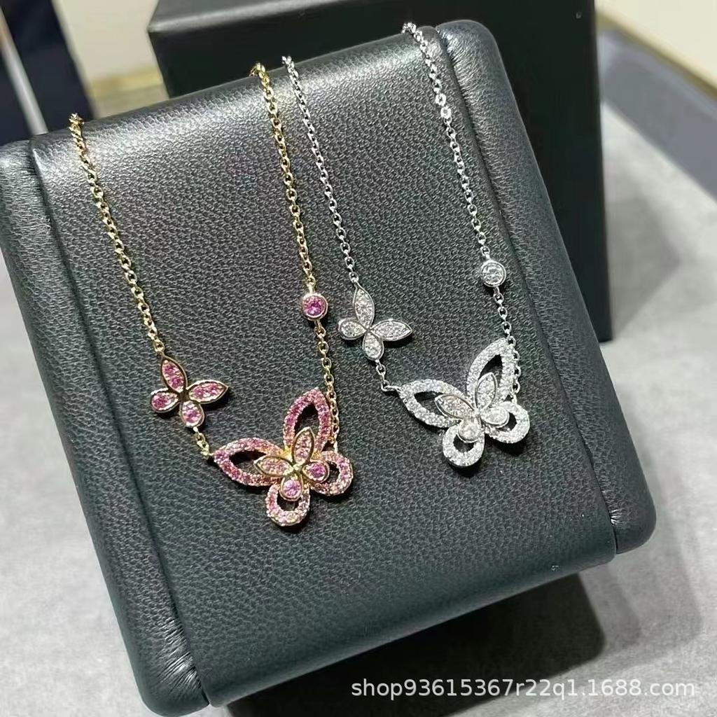 Ben V Gold Pink Diamond Phantom Butterfly Necklace Female Full Diamond Light Luxury Seiko Version Clavicle Chain Thick Gold 18k