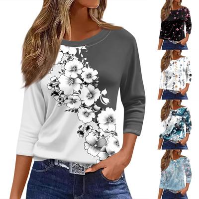Women's T Shirt Print 3/4 Sleeve Daily Weekend Fashion Basic Round Neck Regular Top