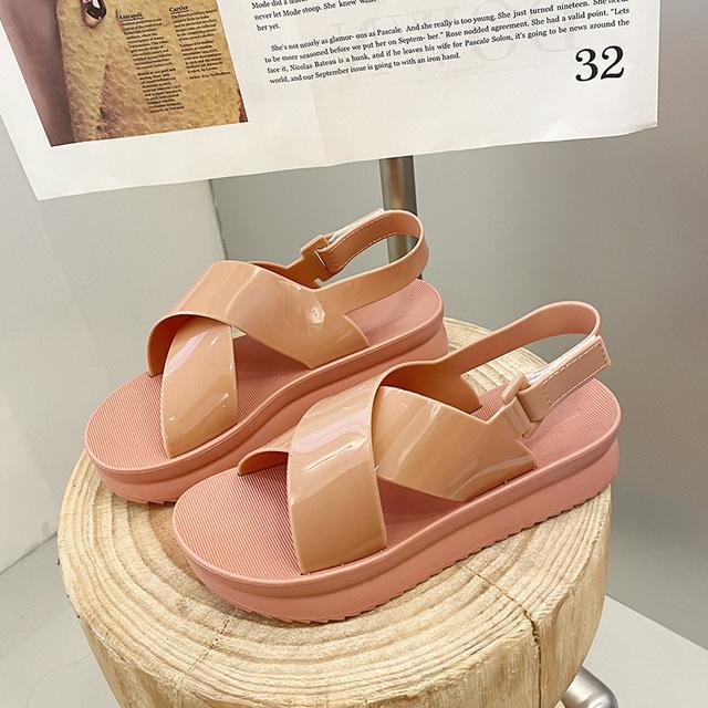 

Босоножки на толстой подошве Cross Muffin, женские летние сандалии на наклонном каблуке, новые летние повседневные женские пляжные туфли на плоской подошве 37 розовый