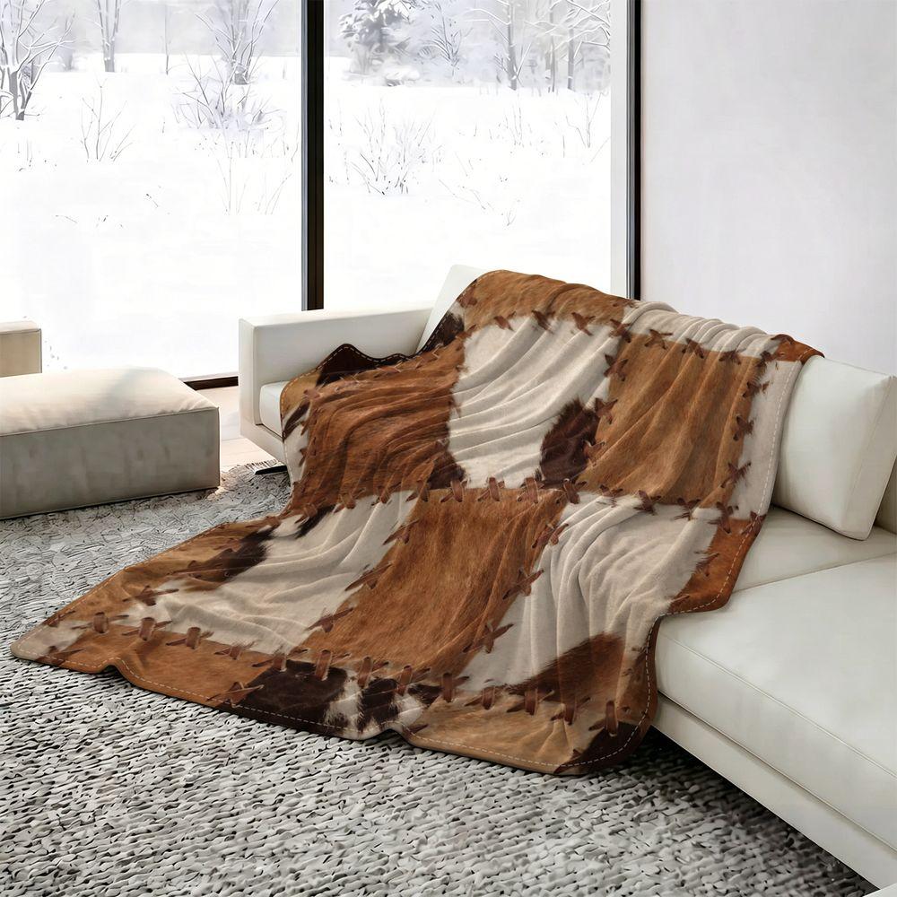 Rustic Cowhide Patchwork Print Cooling Blanket Q-Max-0.35 Cool Fiber Summer Cooling Throw Lightweight Soft Bedding for Hot Sleep 100cmx150cm