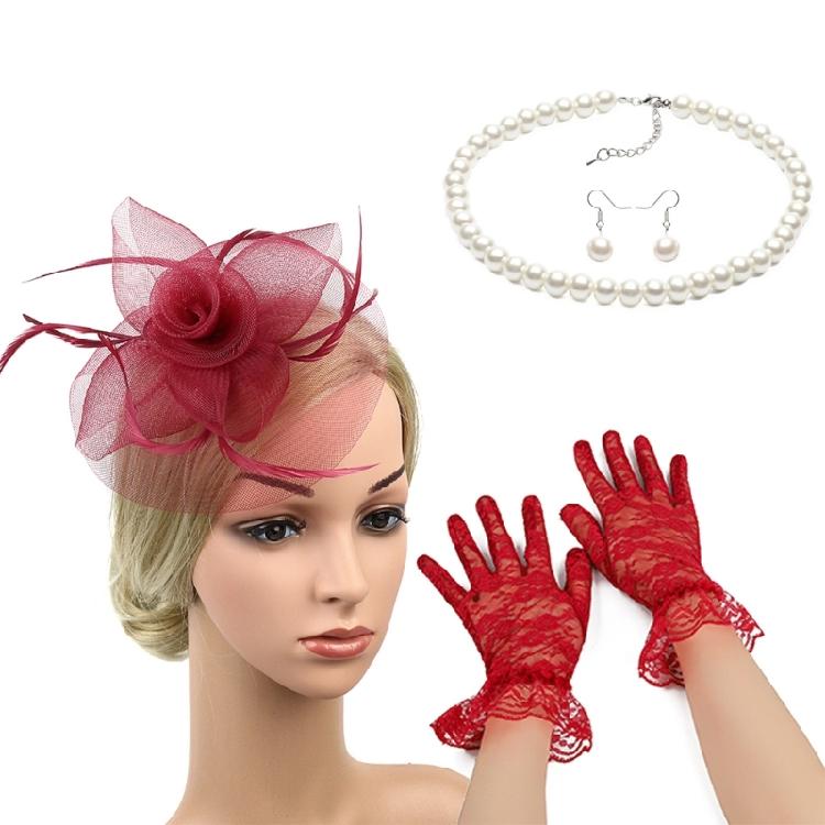 

Шляпка-fascinator для женщин Набор шляпок для чаепития Сетчатая вуаль 20-е 50-е Головные уборы Кружевные перчатки Ожерелье из искусственного жемчуга Серьги вино красного