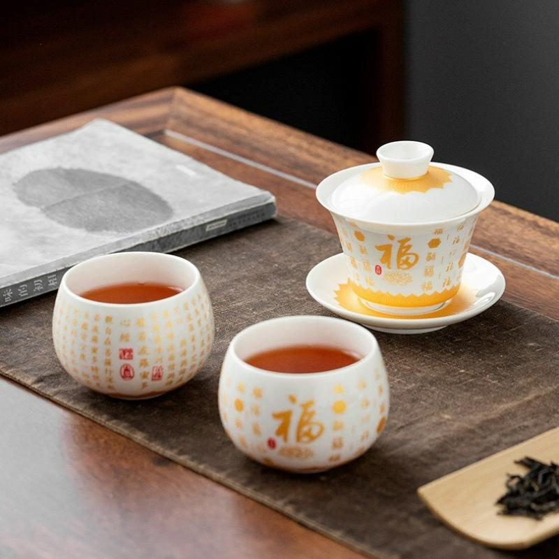 Chinese Ceramic Wealth Tea Cup Handmade White Porcelain Gaiwan Teaware Master Cup Teacups Supplies Craft Tea Ceremony 2025 New
