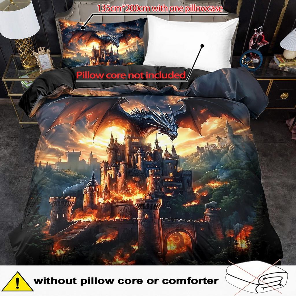 2/3Pcs Quilt Cover Set Fantasy Flame Dragon Printed Duvet Cover Set King Queen Style Bedding Set Polyester Machine Washable