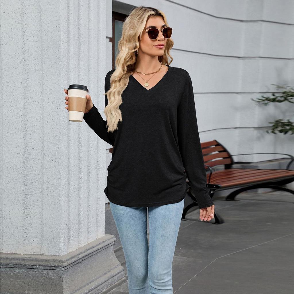 T Shirts For Women Pleated V-Neck Dressy Casual Blouses Printing Short Sleeve Summer Tops Loose Fit