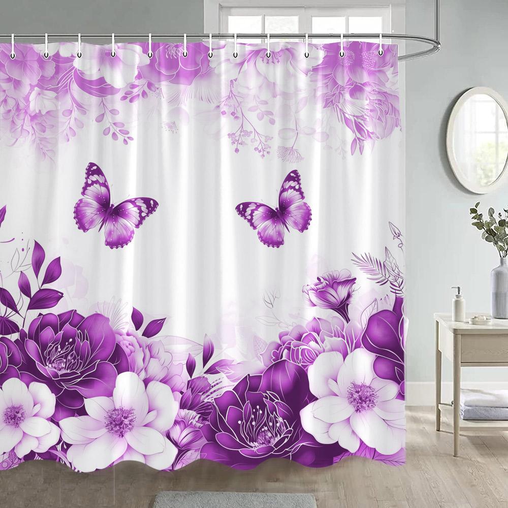 Blue Butterfly Floral Shower Curtains Watercolour Flowers Plant Bath Curtain Polyester Fabric Home Bathroom Bathtub Decoration
